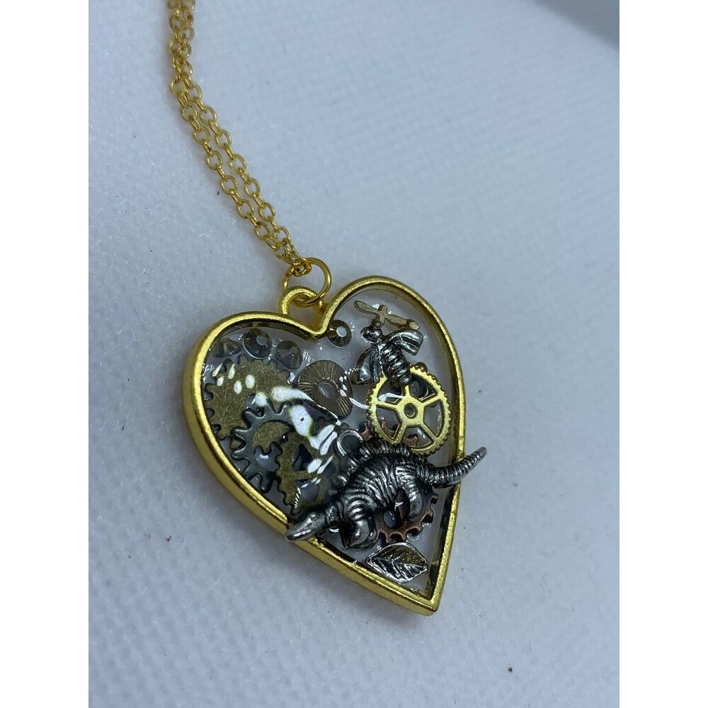 Dinosaur Steampunk Gold and Silver Heart Necklace